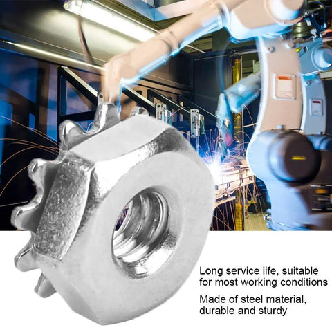 Rock Solid 100 Steel Toothed Nuts With Star Washers 6 32 Thread Locking Hardware near industrial robot, durable steel fastener.