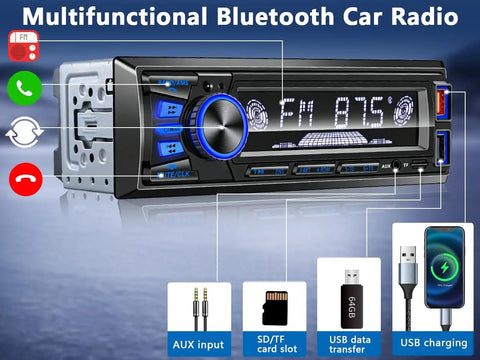 Bluetooth Car Stereo Single DIN With Hands Free Calling Push To Talk Button FM MP3 SD AUX Dual USB Ports iOS And Android App Control 7 LED Color Lighting Equalizer No CD Player Easy Plug In Car Audio Receiver