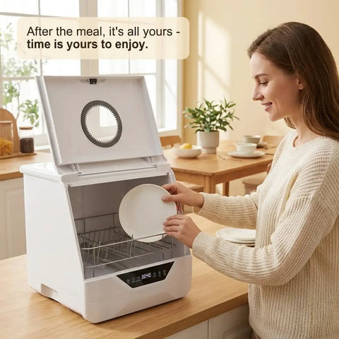 Woman placing a plate in a Portable Countertop Dishwasher With 360 Swishing Spray And Crisp Led Interface Nifty Compact Mini Cleaner.
