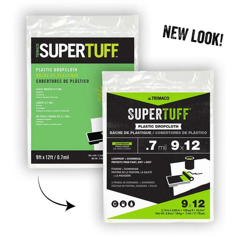 SuperTuff Plastic Drop Cloth For Big Paint Jobs 9 By 12 Feet 108 Sq Ft packaging showing new look and product specs