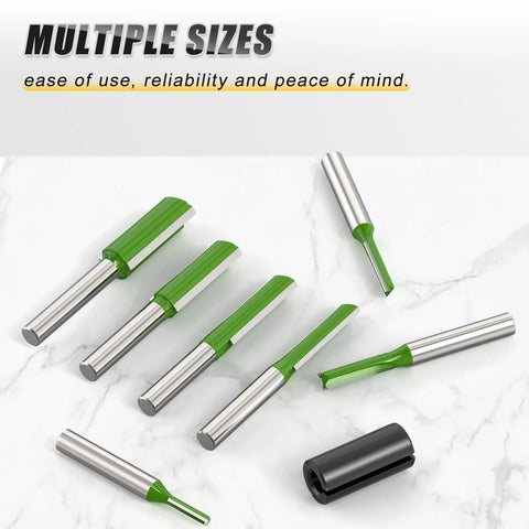 Industrial Grade Micro Grain Carbide Router Bits Set With Quarter Inch Shank Delivers Hella Sharp Cuts And Beast Mode Woodworking Performance For Tough Dado Milling Jobs Across Seven Optimal Cutting Diameters, featuring assorted sizes.