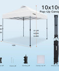 10x10 Pop Up Canopy With Center Lock One Push Instant Setup And No Fuss Wheeled Outdoor Gazebo Beach Tent Sto N Go Bag Eight Stakes And Four Sand Bags Three Height Adjustable Shade Shelter White with frame, wheeled bag, ropes, stakes, and sandbags displayed.