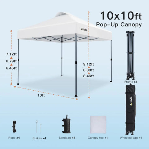 10x10 Pop Up Canopy With Center Lock One Push Instant Setup And No Fuss Wheeled Outdoor Gazebo Beach Tent Sto N Go Bag Eight Stakes And Four Sand Bags Three Height Adjustable Shade Shelter White with frame, wheeled bag, ropes, stakes, and sandbags displayed.