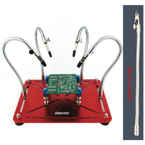 Helping Hands Soldering Stand With Four Gooseneck Arms And PCB Holder For Electronics Jewelry And Hobby Crafts Pro Grade Third Hand Tool With Non Slip Base For Soldering Assembly And Repairs, red base, PCB shown in holder.