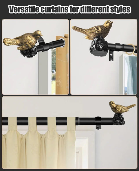 Bird Shaped Curtain Rod Finials Gold Finish Metal Ends For Curtain Rods Easy To Install Set Of 2 Durable Rust Resistant Decor For Windows Or Bedroom Adds Elegant Bird Charm To Your Space, gold bird finial on black curtain rod