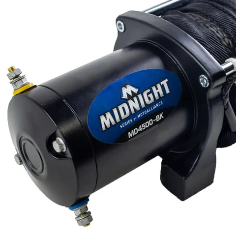 Midnight 4500lb Waterproof Wireless Winch For ATV UTV With 50 Feet Black Synthetic Rope Rugged Off Road Recovery Gear Easy Wireless Control, black winch motor close-up