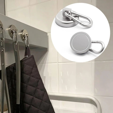 Heavy Duty Magnetic Carabiner Hooks Featuring Badass Strength Neodymium Magnets And A Smooth Swivel Hook for hanging kitchen tools.
