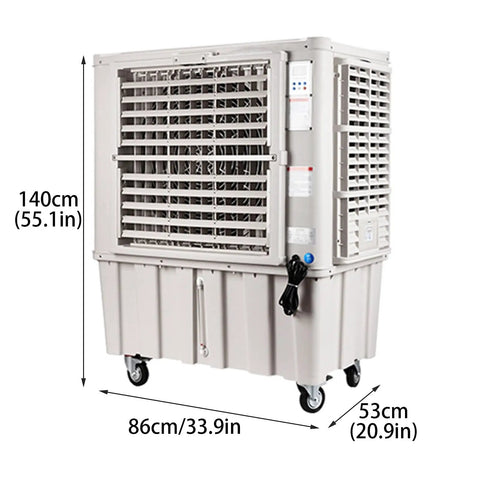 Portable Evaporative Air Cooler With Built In Water Tank And Easy Grip Remote Control, 140cm tall, grey plastic frame, ideal for home or work.