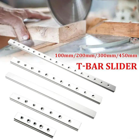 Aluminum Alloy T Track T Bar Slider Miter Jig for Table Saw and Woodworking Workbench, 100-450mm sizes displayed.