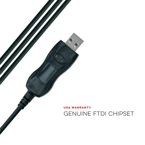 USB Radio Programming Cable For Baofeng Kenwood UV-5R BF-F8HP UV-82HP And More Plug And Play, Easy Setup, No Driver Needed, Compatible With K1 Jack Standard showing USB connector and genuine FTDI chipset.