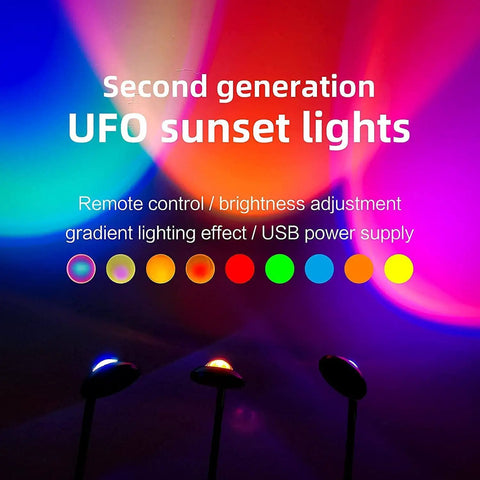 Colorful display of UFO sunset lights with remote control options, showing second-generation 16 color options.