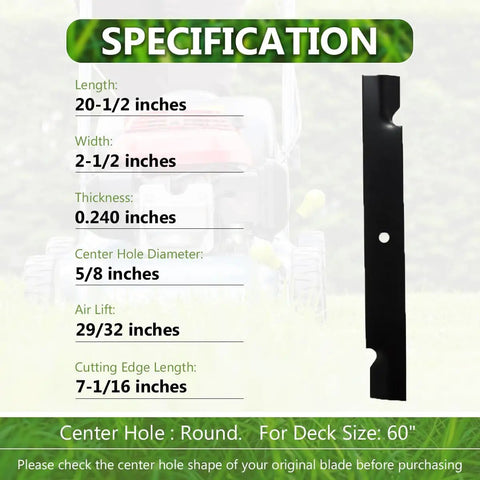 Specifications for High Lift Mower Blades Set For 60 Inch Mowers All In One Blade Kit with dimensions and thickness details