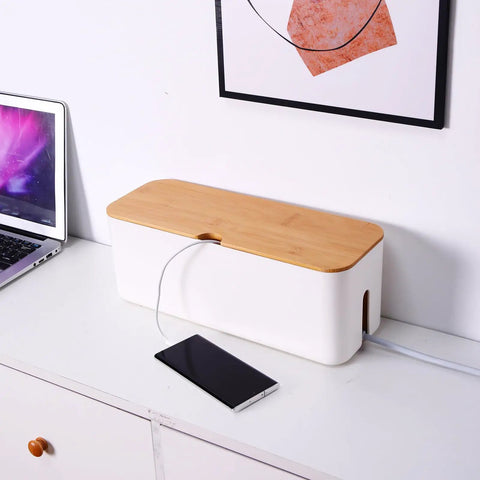 Dual Cable Management Box Set with Small and Large White Cord Hiders on desk concealing extension cords and chargers