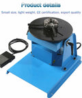 Adjustable Speed Welding Positioner Rotary Turntable With Smooth Stepless Foot Pedal For Spinning Tubes Flanges And Pipe Work On Heavy Duty Fabrication Projects That Run Slick With Zero Sweat showing a blue steel rotating table with foot pedal.