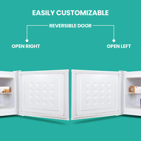 Hella Solid Upright Freezer One Point Two Cubic Feet White Compact Frost Vault showing reversible door options for flexible placement.