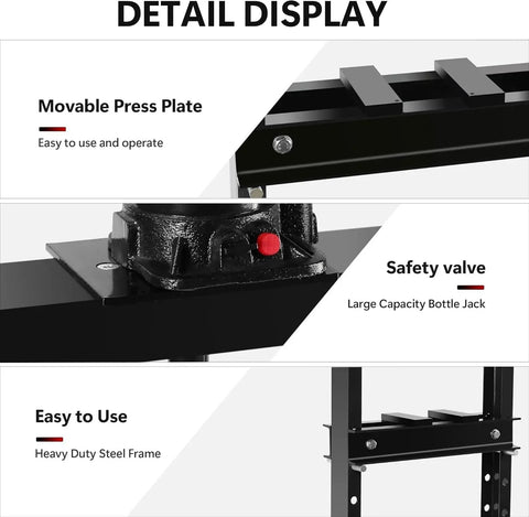 Detail view of Heavy Duty 20 Ton H Frame Hydraulic Shop Press With Bearing Installation Kit, showing press plate and safety valve.