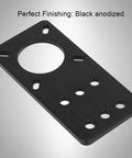 NEMA 17 black anodized aluminum stepper motor mounting plate with large center hole and multiple mounting holes.