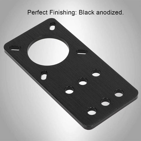 NEMA 17 black anodized aluminum stepper motor mounting plate with large center hole and multiple mounting holes.