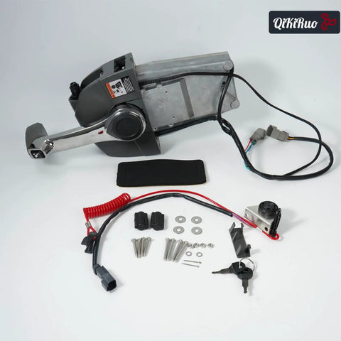 Outboard Remote Throttle Control Console Top Mount With Single Lever Binnacle Control And Key Switch For Johnson And Evinrude Outboards Built To Last Die Cast Aluminum Housing Smooth Marine Grade Operation Easy Install shown with installation accessories and wiring.