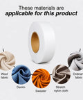 One Inch By Two Hundred Ten Feet Iron On Hemming Tape showing fabric compatibility including wool, denim, sweater, nylon, and ordinary fabric.