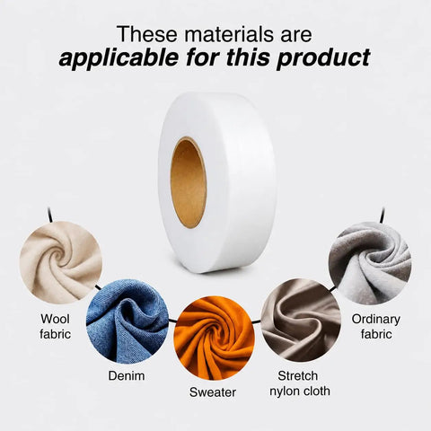 One Inch By Two Hundred Ten Feet Iron On Hemming Tape showing fabric compatibility including wool, denim, sweater, nylon, and ordinary fabric.