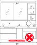 Modern 66 Inch Freestanding Bathroom Vanity Single Sink With Dedicated Makeup Station Heavy Duty Solid Wood Construction dimensions and layout with shelves.