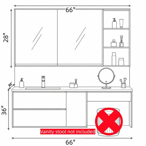 Modern 66 Inch Freestanding Bathroom Vanity Single Sink With Dedicated Makeup Station Heavy Duty Solid Wood Construction dimensions and layout with shelves.