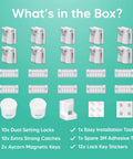 Magnetic Cabinet Locks For Babies No Drilling No Screws 10 Pack With 2 Keys Easy Install Kidproof Latches displayed with components.