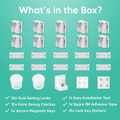 Magnetic Cabinet Locks For Babies No Drilling No Screws 10 Pack With 2 Keys Easy Install Kidproof Latches displayed with components.