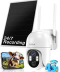 Tough As Nails 4G LTE Solar Cellular Security Camera With Built In Sim Card Runs Smooth Without WiFi Secures Remote Driveways Farms And Ranch Sites Featuring 24 Hour Continuous Recording, displayed next to solar panel.