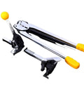 Heavy Duty Manual Strapping Machine With Dual Purpose Tensioner And Sealer For Paper And Plastic Bands, durable with yellow handles.