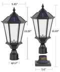 Solar Post Lights With 3-Inch Base Adapter, Aluminum Pillar Lamp With Clear Glass, Black, showing dimensions and design details.