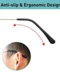Grippy Anti Slip Silicone Eyeglass End Tips 8 Pairs Replacement Temple Tips For Thin Metal Frames Soft Ear Sock Pieces Glasses Retainer Tubes Black Red Compatible With Slim Eyeglass Legs shown installed on ear