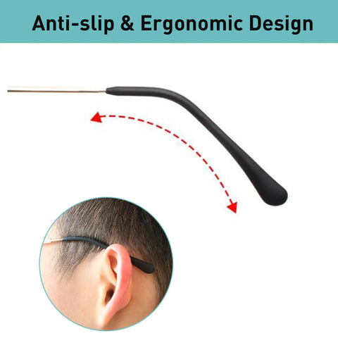 Grippy Anti Slip Silicone Eyeglass End Tips 8 Pairs Replacement Temple Tips For Thin Metal Frames Soft Ear Sock Pieces Glasses Retainer Tubes Black Red Compatible With Slim Eyeglass Legs shown installed on ear