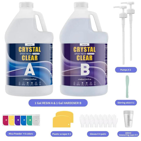 2 Gallon Epoxy Resin Kit Pro Grade With Pumps 1 To 1 Mix Crystal Clear High Gloss Low Odor No Yellowing Self Leveling Includes Mica Powders