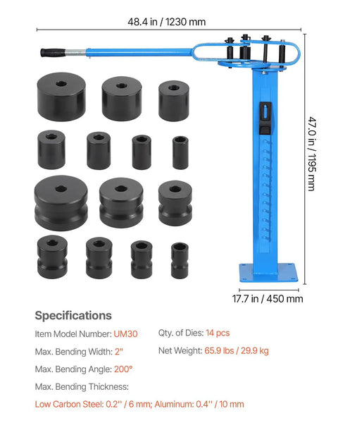 VEVOR Manual Pipe Bender With 14 Dies, heavy duty tube bending tool with dies for copper aluminum iron pipes.
