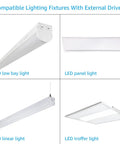 Four LED fixtures: low bay light, panel light, linear light, troffer light. Use with LED Emergency Driver 4W 120 to 277V AC Input.