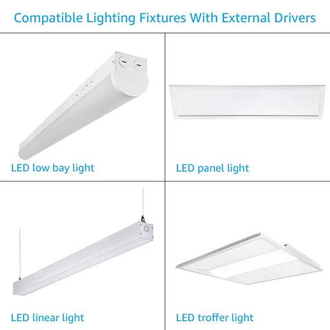 Four LED fixtures: low bay light, panel light, linear light, troffer light. Use with LED Emergency Driver 4W 120 to 277V AC Input.