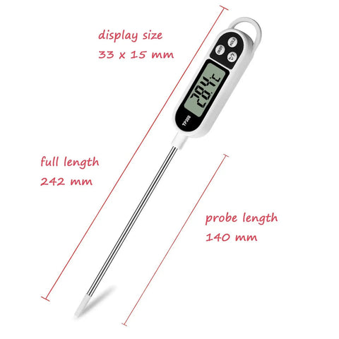 Digital Meat Thermometer For Cookin And BBQ With Long Probe, Instant Read, Auto Off After 10 Minutes, LCD Display and probe dimensions