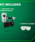 Coil Framing Nailer For One And Three Quarters To Three And One Half Inches Pro Preferred Pneumatic Framing Tool with safety glasses
