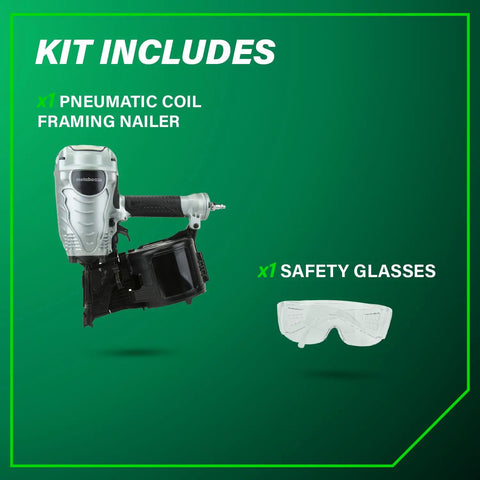 Coil Framing Nailer For One And Three Quarters To Three And One Half Inches Pro Preferred Pneumatic Framing Tool with safety glasses