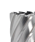 Annular cutter with Weldon shank; silver metal, 1-15/16 in diameter, close-up of sharp teeth.