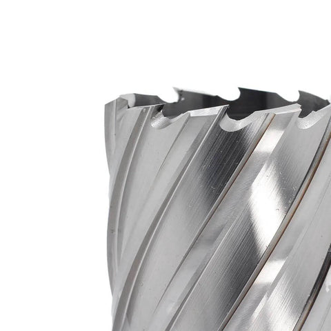 Annular cutter with Weldon shank; silver metal, 1-15/16 in diameter, close-up of sharp teeth.