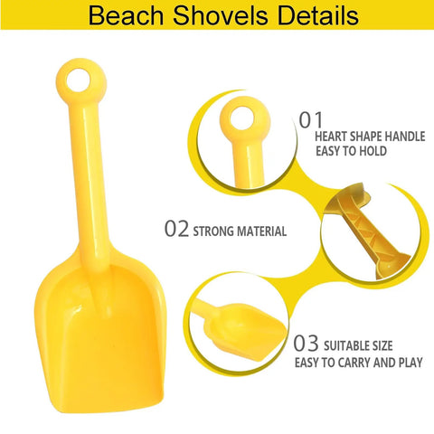 Eight Pack Heavy Duty Plastic Beach Shovels For Kids And Toddlers, Durable Sand Scoops, yellow shovel with handle and details.