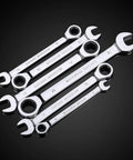Eight Piece Ratchet Wrench Set With Universal Spanners For Auto Car Repair Compact Pro Grade Anti Rust Plating Easy Grip Handles