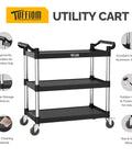 Heavy Duty Three Tier Plastic Utility Cart With Wheels, Beast Of A Cart Capable Of 450 Lbs, 39.8x19.1x38.4 front view with features