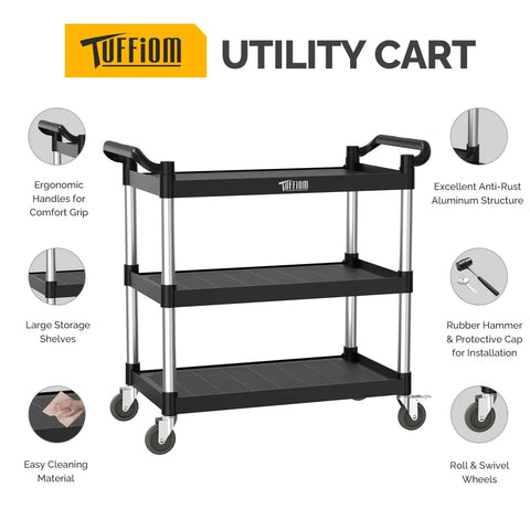 Heavy Duty Three Tier Plastic Utility Cart With Wheels, Beast Of A Cart Capable Of 450 Lbs, 39.8x19.1x38.4 front view with features