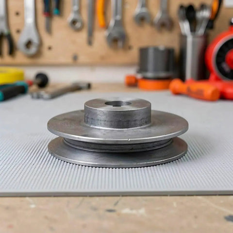 Sturdy Single Groove Cast Iron Motor Pulley With 100Mm O D And 19 Mm Bore For Air Compressor Shaft Replacement Easy Install And Smooth V Belt Drive Rotation on a workbench.