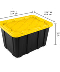 4 Pack 27 Gallon Heavy Duty Industrial Storage Tote With Lids, Stackable Plastic Bins in black and yellow with dimensions.