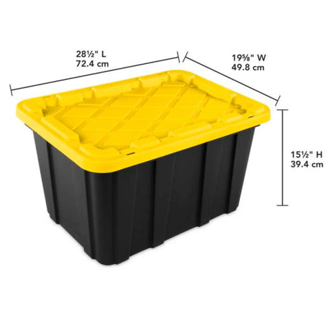 4 Pack 27 Gallon Heavy Duty Industrial Storage Tote With Lids, Stackable Plastic Bins in black and yellow with dimensions.